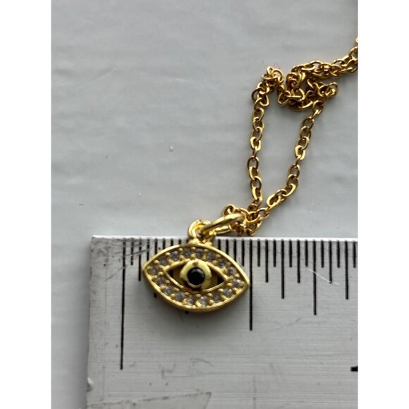 Gold Evil Eye Pendant Necklace With Rhinestone Accents On Thin Chain Adjustable - Picture 5 of 5